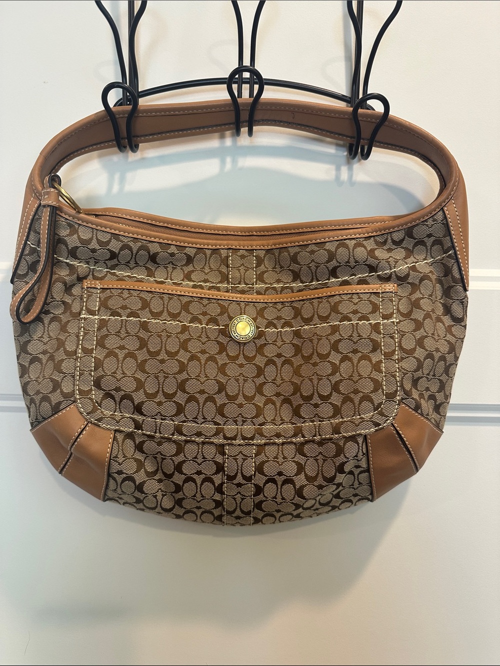 Coach Brown Signature Canvas Shoulder Bag with Tan Leather Trim